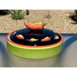 Clay Art Fiesta Tortilla Warmer Pepper Design Handpainted 10”Stonelite Clay EUC